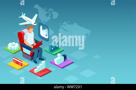 Vector of a man working on laptop computer online using inflight WiFi provided by airline. Stock Vector