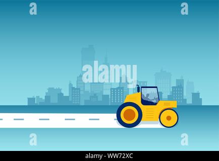 Vector of a steamroller leveling asphalt on a cityscape background Stock Vector