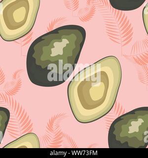 Seamless pattern with avocado slices and leaves of monstera on light background Stock Vector