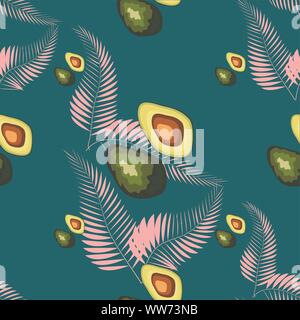 Seamless pattern with avocado slices and leaves of monstera on light background Stock Vector