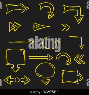 Collection of hand drawn yellow arrows and direction symbols in doodle sketch style on a dark background, ideal for infographic themes, navigation con Stock Vector