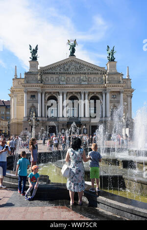 Lviv (Lwiw, Lemberg): Opera House, fountain in , Lviv Oblast, Ukraine Stock Photo