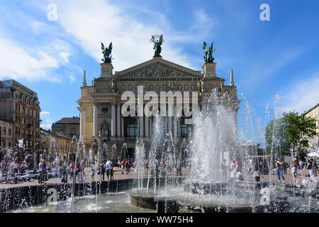 Lviv (Lwiw, Lemberg): Opera House, fountain in , Lviv Oblast, Ukraine Stock Photo