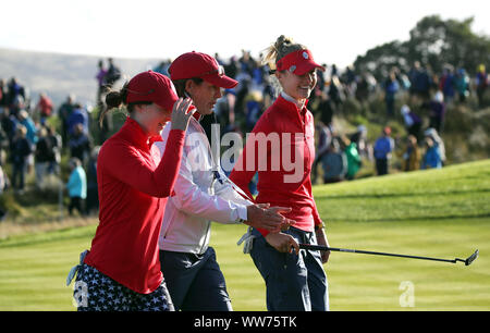 Team USA captain Juli Inkster with Brittany Altomare (left) and Jessica Korda after winning the 13th during the Fourball match on day one of the 2019 Solheim Cup at Gleneagles Golf Club, Auchterarder. Stock Photo