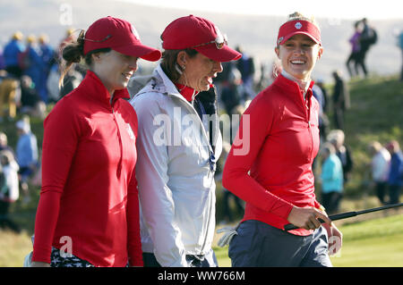 Team USA captain Juli Inkster with Brittany Altomare (left) and Jessica Korda after winning the 13th during the Fourball match on day one of the 2019 Solheim Cup at Gleneagles Golf Club, Auchterarder. Stock Photo