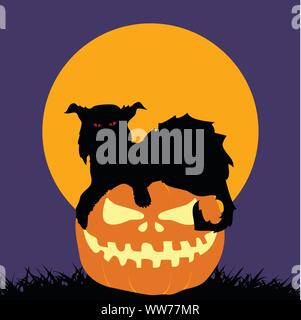 Halloween Spooky Feral Cat Silhouette on Hand Drawn Pumpkin Over Purple Background Stock Vector