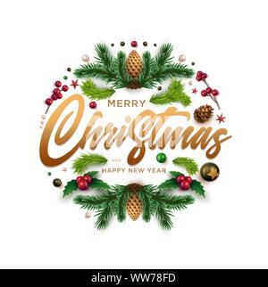 Merry Christnas and happy new year greeting card. Christmas wreath design with festive Christmas decoration ornaments and objects. Vector illustration Stock Vector