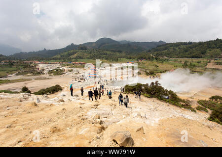 Dieng Plateau, Indonesia - August 06, 2017: Clouds emerging from Sikidang, Dieng Plateau, Indonesia Stock Photo