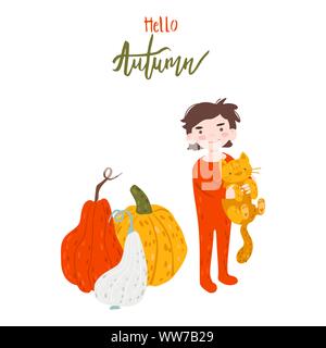Cute boy carrying a ginger cat. Big pumpkins. Hello autumn lettering. Vector illustration in flat cartoon style Stock Vector