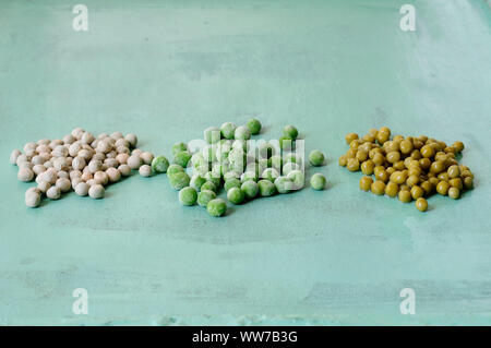 Peas, various preserving methods, green background, frozen peas, canned peas, dried peas Stock Photo