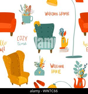 Vector seamless pattern. Welcome home, cozy time lettering. autumn flat illustration Stock Vector
