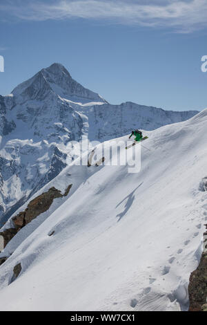 Deep snow downhill run in the LÃ¶tschental, Bernese Alps, Valais, Switzerland Stock Photo