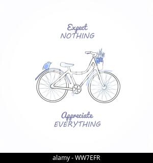 Romantic hand drawn bike with flowers and quote vector illustration. Expect nothing appreciate everything. Stock Vector