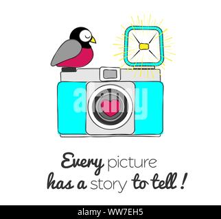 Cute vintage camera and bird with message every picture has a story to tell. Vector. Stock Vector