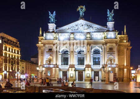 Lviv (Lwiw, Lemberg): Opera House, fountain in , Lviv Oblast, Ukraine Stock Photo