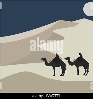 Camels in the desert vector. Sand dunes illustration. Minimalist style. Stock Vector