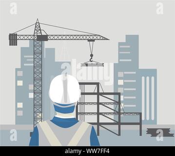 Man on under construction site. Manager and crane vector illustration background. Stock Vector