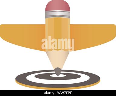 Right on target business success. Education concept. Pencil 3d vector. Airplane wings to give an idea of fast results. Stock Vector
