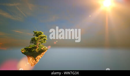 Fantasy floating island with natural tree on the rock, surreal float landscape with paradise concept Stock Photo