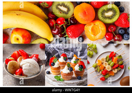 Food collage. Fruits, berry and sweets Stock Photo