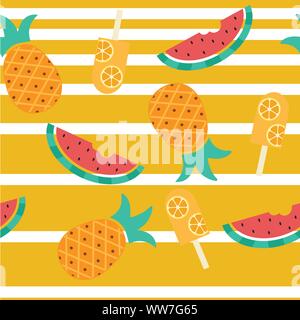 Tropical fruits seamless pattern vector. Pineapple, watermelon e lemon popsicle on stripes background. Stock Vector