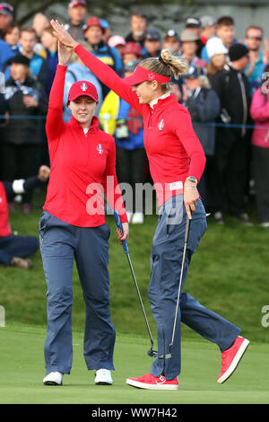 Team USA's Brittany Altomare (left) and Nelly Korda celebrate on the 18th during the Fourball match on day one of the 2019 Solheim Cup at Gleneagles Golf Club, Auchterarder. Stock Photo