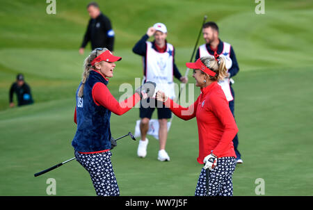 Team USA's Lexi Thompson (right) and Jessica Korda celebrate on the 18th during the Fourball match on day one of the 2019 Solheim Cup at Gleneagles Golf Club, Auchterarder. Stock Photo