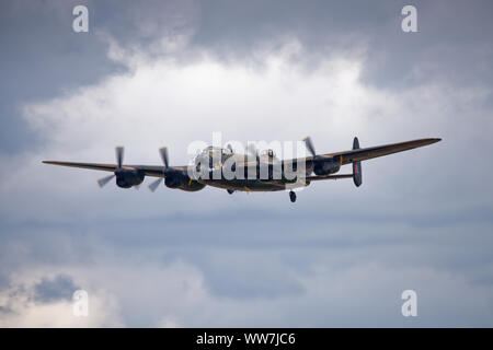 British World War Two Heavy Bomber Avro Lancaster PA474 of the Battle of Britain Memorial Flight displays at the Royal International Air Tattoo. Stock Photo