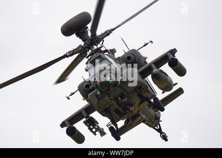 British Army Air Corps Westland Apache Attack Helicopter ZJ181 of 664 Squadron puts on a menacing display at the Royal International Air Tattoo. Stock Photo