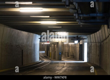 Berlin, Germany. 12th Sep, 2019. Road tunnel with stone pavement and tracks (l) from hangar no. 4 of the former Tempelhof airport. The airport was one of the first commercial airports in Germany and was used in the years after the withdrawal of the U.S. Air Force as a civil commercial airport within Europe and Germany. The listed airport was closed on 30 October 2008. Credit: Soeren Stache/dpa-Zentralbild/ZB/dpa/Alamy Live News Stock Photo