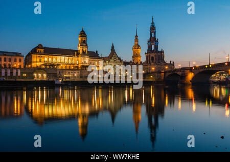 Germany, Saxony, Dresden at night, from the left: State house, Georgenbau, Hausmannsturm, cathedral St. Trinitatis, Augustus Bridge, BrÃ¼hl's Terrace. Stock Photo