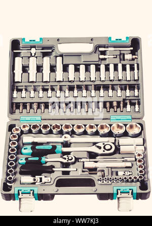 Socket wrench toolbox isolated on white background. Socket spanner wrench. Kit socket wrench tools. Auto repair shops and construction, repair of agricultural and other equipment or home life. Stock Photo