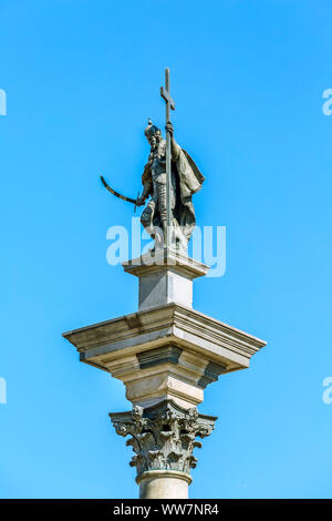 Warsaw, Poland, King Sigismund column of 17 century in the Castle square, close-up view and blue sky Stock Photo
