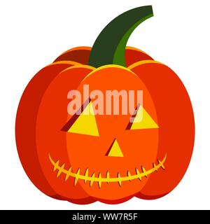 Cartoon style flat design orange color carved pumpkin halloween icon - jack lantern with light inside isolated on white background. Stock Vector
