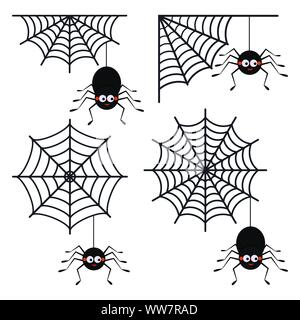 Vector set of different cute smiling black spiders hanging on a string of cobwebs with spederwebs icon isolated on white background. Stock Vector
