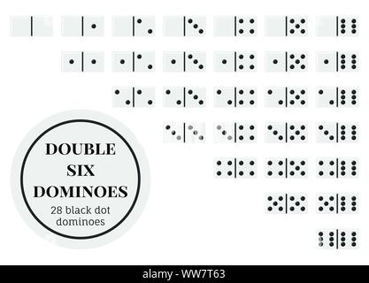 Double six domino game pieces set, flat design illustrations, 28 rectangular white knuckles black dots isolated on white. Stock Vector