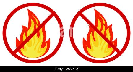 Flat design vector image of no fire sign icon - colored fire crossed out in a red circle isolated on white background. Stock Vector