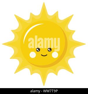 Flat vector illustration of cute smiling happy sun cartoon icon logo design, kawaii style. Stock Vector