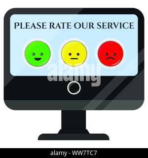 Black touch screen monitor icon with kawaii emoticons feedback rate isolated on white background, vector flat design. Stock Vector