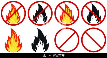 Set of flat design vector fire and no fire sign - colored and black fire crossed out in a red circle isolated on white. Stock Vector
