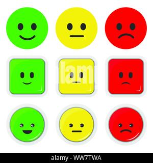 Vector set flat illustration of feedback rate icon, round square button, kawaii emoticons positive, neutral and negative. Stock Vector