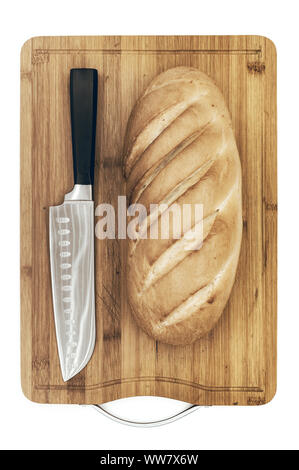 bread and chefs knife on hardboard Stock Photo
