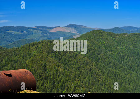 A rusted tank, left by a logging crew, along the road to Grassy Mountain Wilderness in the Rogue River-Siskiyou National Forest, near Port Orford Stock Photo
