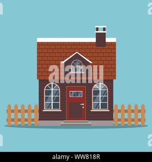 Isolated icon of country house with a tiled roof and chimney, fences in cartoon flat style. Stock Vector
