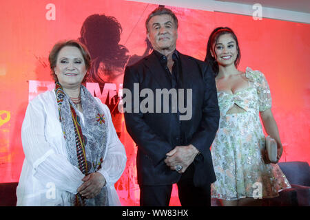 Alejandra Barraza; Sylvester Stallone and Yvette Monreal poses for photos during Rambo: Last Blood film press conference at Four Season Hotel Stock Photo