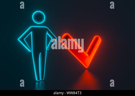 The 3d man next to the check mark. The concept of the completed task. 3d rendering Stock Photo