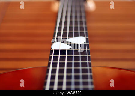 Music Concept: Guitar picks on the fingerboard of a brown guitar. Stock Photo