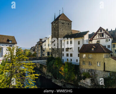 Historical old town of Brugg in the Canton of Aargau, black tower Stock Photo