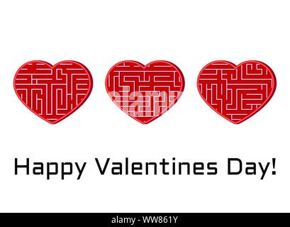 Greeting card with set of isolated vector hearts with maze labyrinth. Stock Vector