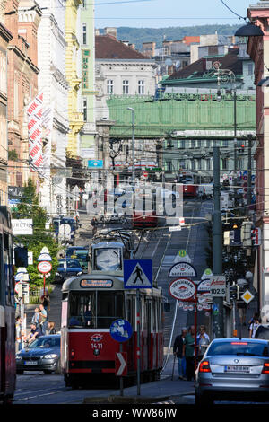Wien, Vienna: street Währinger Straße, streetcar, cars, subway line 6, traffic jam, Austria, Wien, 09. Alsergrund